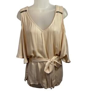 Bebe Boho Studded Cold Shoulder Blouse XS Belted Macramé Crochet Coquette Top